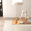 Modern Desk with Wooden Top Laptop Lamp Green Plant White Chair Window View and Bookshelf