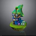 Cartoon Wizard With Green Star Hat Magic Wand Blue Robe Green Base And Small Mushrooms