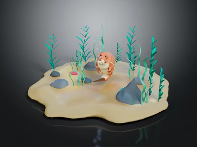 Small Creature Standing On Sandy Ground Surrounded By Green Seaweed Stones And Red Element 3d model