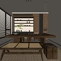 Modern Tea Room With Wooden Shelves Tea Sets Long Table Bench Natural Light And Window