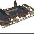Elegant Multi Story Commercial Complex With Clock Tower Courtyard Dark Roof And Landscaped Areas