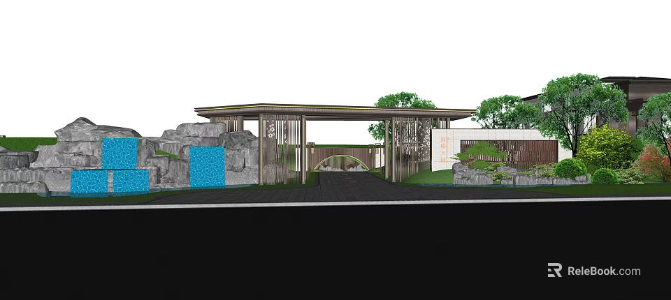 Scenic Wall Design With Stone Decor Green Plants Wooden Pergola And Archway Structure 3d model 