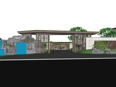 Scenic Wall Design With Stone Decor Green Plants Wooden Pergola And Archway Structure 3d model