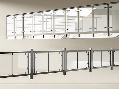 Modern Glass Panel Railings With Metal Frames For Balcony And Staircase Design 3d model