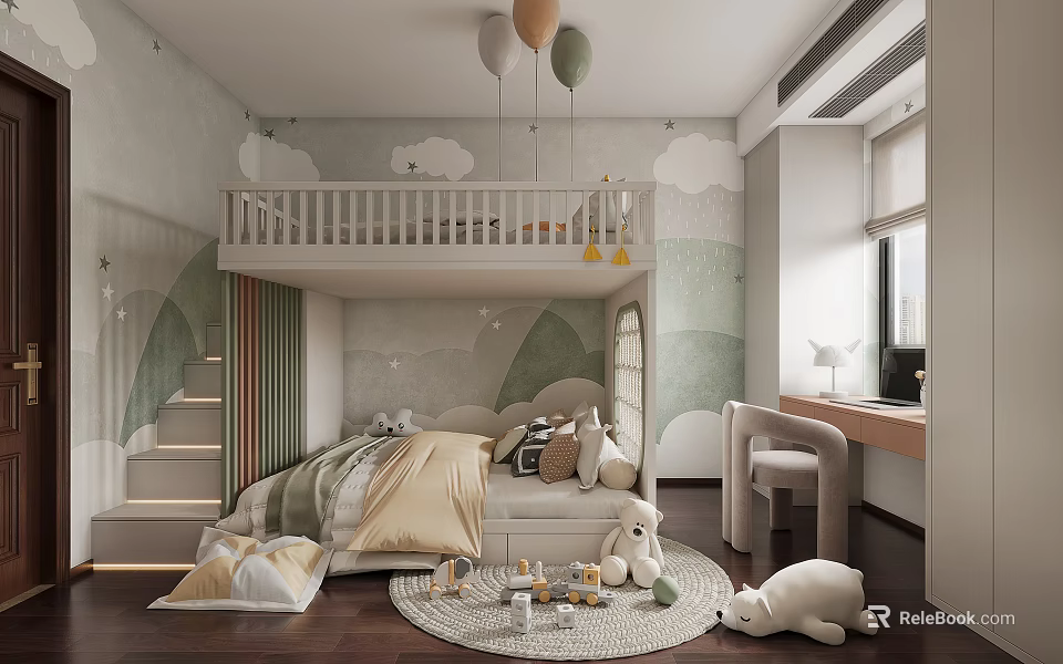 Cozy Kids Room Interior With Bunk Bed Cloud Wallpaper Balloons And Stuffed Toys 3d model 