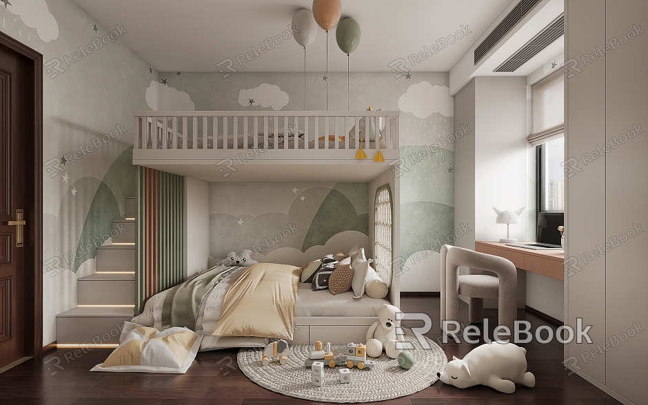 Modern simple children's room bunk model