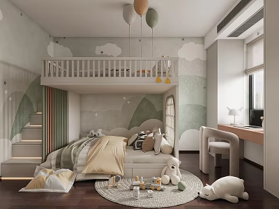 Cozy Kids Room Interior With Bunk Bed Cloud Wallpaper Balloons And Stuffed Toys 3d model