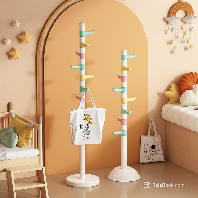 Colorful Standing Coat Rack With Hooks In Kids Room For Hanging Bags 3d model 