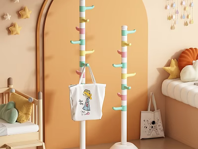Colorful Standing Coat Rack With Hooks In Kids Room For Hanging Bags 3d model