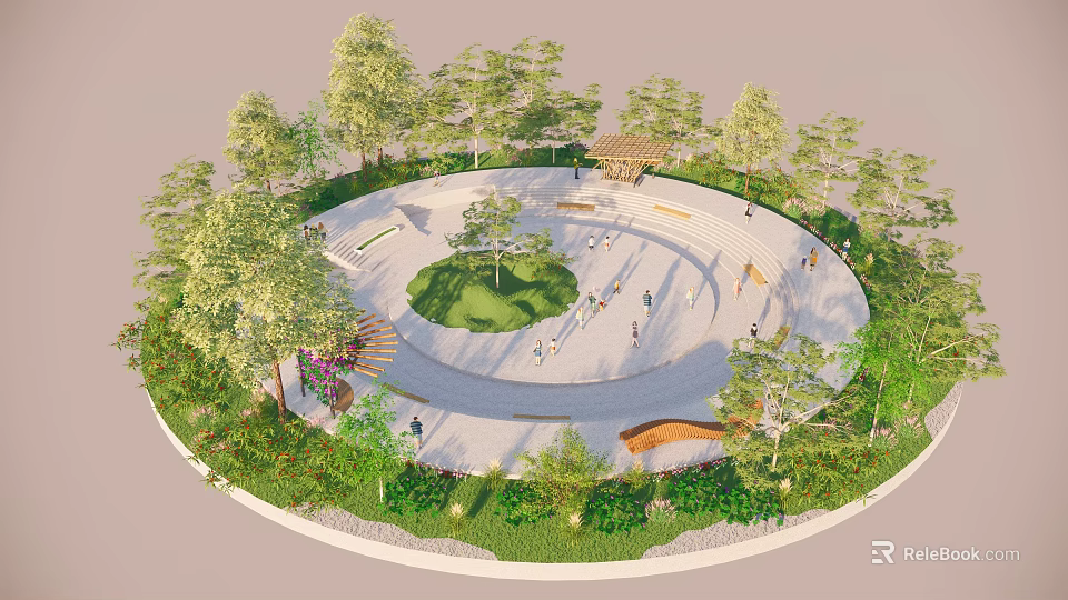 Circular Urban Park Featuring Central Lawn Tree Surroundings Walking Paths Benches And Pavilion 3d model 
