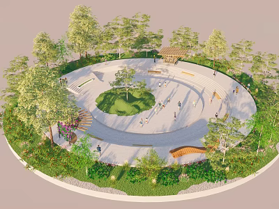 Circular Urban Park Featuring Central Lawn Tree Surroundings Walking Paths Benches And Pavilion 3d model