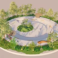 Circular Urban Park Featuring Central Lawn Tree Surroundings Walking Paths Benches And Pavilion