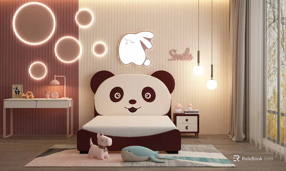 Cute Panda Shaped Kids Bed With Round Lights Rabbit Decor And Stuffed Toys 3d model 