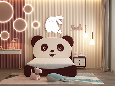Cute Panda Shaped Kids Bed With Round Lights Rabbit Decor And Stuffed Toys 3d model