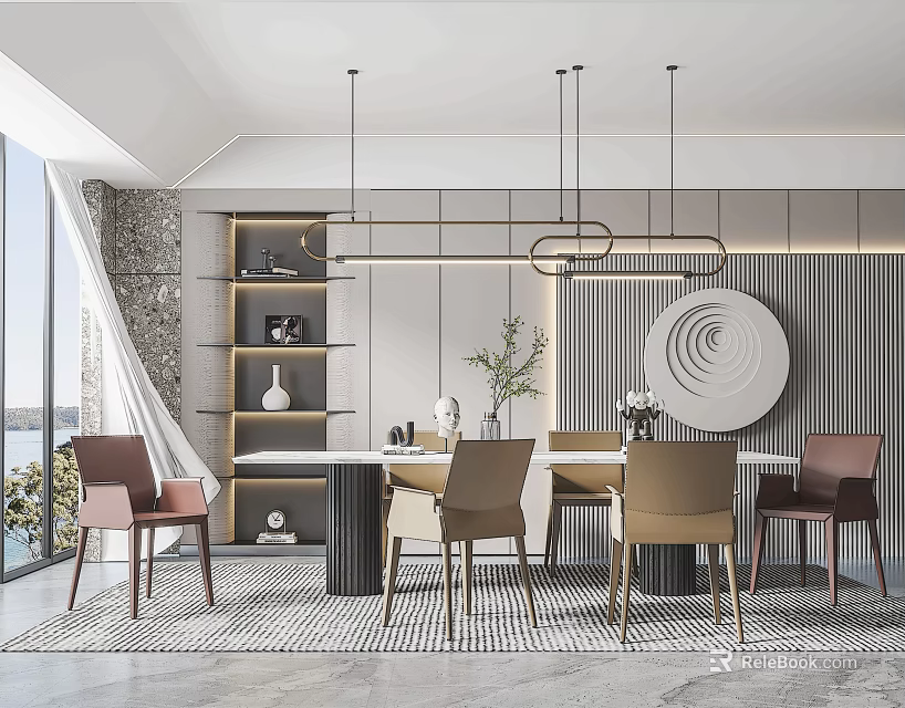 Modern Restaurant Interior With Round Dining Table Hanging Pendant Lights And Circular Wall Decor 3d model 