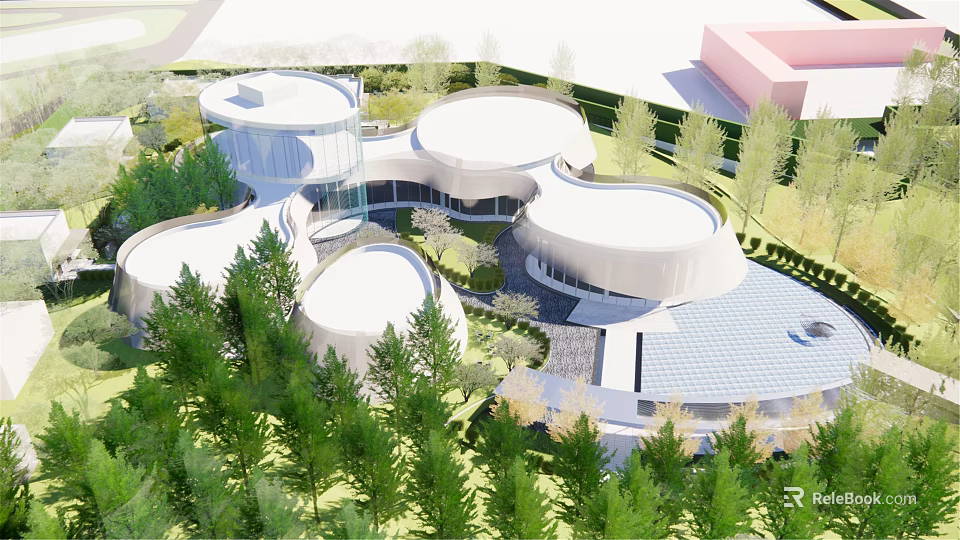 Modern Circular White Sales Office Building Surrounded By Green Trees And Lawn 3d model 