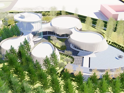 Modern Circular White Sales Office Building Surrounded By Green Trees And Lawn 3d model