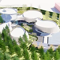Modern Circular White Sales Office Building Surrounded By Green Trees And Lawn