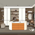 Modern Walk In Closet Interior With White Closet Doors Orange Dresser And Hanging Clothes