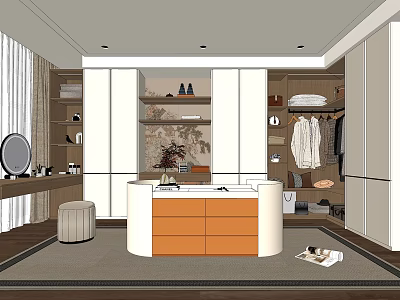 Modern Walk In Closet Interior With White Closet Doors Orange Dresser And Hanging Clothes 3d model