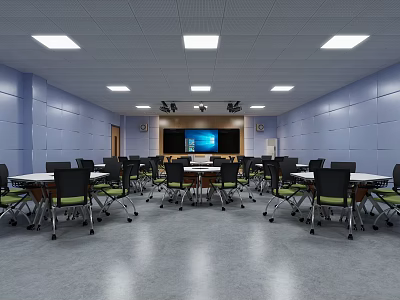 School Classroom Featuring Blue Walls Gray Floor White Lights Front Screen And Tables Chairs 3d model