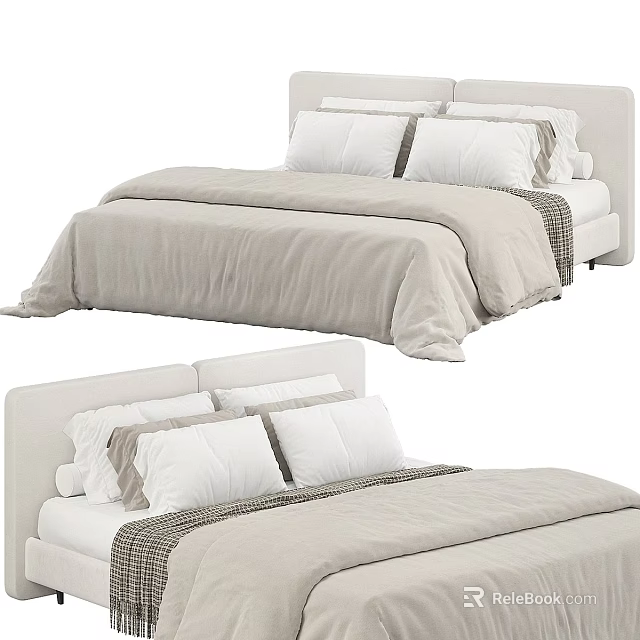 Minimalist Double Bed With Light Beige Bedding Fabric Headboard And Pillows 3d model 