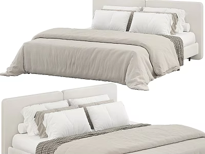 Minimalist Double Bed With Light Beige Bedding Fabric Headboard And Pillows 3d model