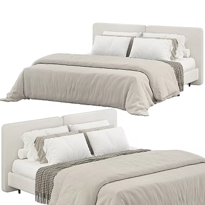 Minimalist Double Bed With Light Beige Bedding Fabric Headboard And Pillows 3d model