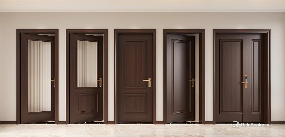 Dark Brown Wooden Hinged Doors With Glass Panel And Golden Handles For Modern Interior 3d model 