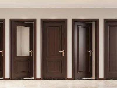 Dark Brown Wooden Hinged Doors With Glass Panel And Golden Handles For Modern Interior 3d model