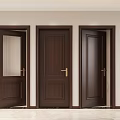 Dark Brown Wooden Hinged Doors With Glass Panel And Golden Handles For Modern Interior