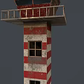 Red And White Striped Tower With Rusty Red Square Top Metal Railing And Small Window
