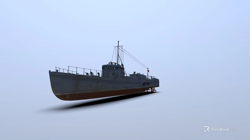 Gray Warship With Superstructure Mast Deck Equipment Red Bottom And Light Blue Background Sky 3d model