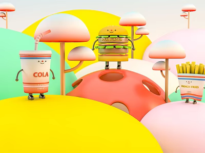 Modern Cartoon Scene Cartoon Fast Food Burger Fries Coke 3d model Modern Cartoon Scene Cartoon Fast Food Burger Fries Coke 3d model