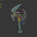 Mythical Fantasy Axe With Metallic Blue Blades Orange Accents And Chain Detail