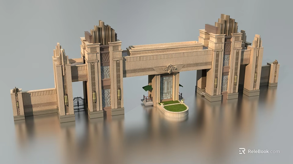 Art Deco Entrance Gate With Symmetrical Pillars Carved Details And Green Lawn Area 3d model 