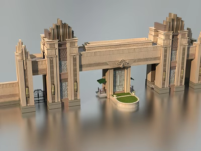 Art Deco Entrance Gate With Symmetrical Pillars Carved Details And Green Lawn Area 3d model