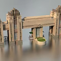 Art Deco Entrance Gate With Symmetrical Pillars Carved Details And Green Lawn Area