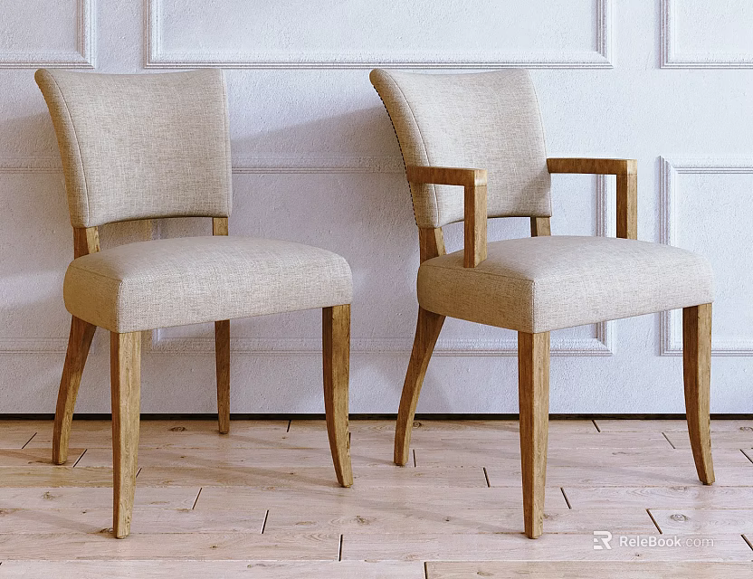 Beige Fabric Dining Chairs With Wooden Frame Against White Paneled Wall on Wooden Floor 3d model 