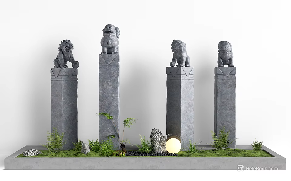 Gray Stone Pillars Featuring Stone Lion Statues With Green Plants Small Stones And Round Lamp 3d model 
