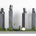Gray Stone Pillars Featuring Stone Lion Statues With Green Plants Small Stones And Round Lamp