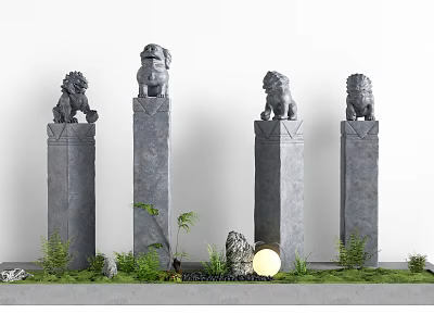 Gray Stone Pillars Featuring Stone Lion Statues With Green Plants Small Stones And Round Lamp 3d model