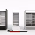 Modern Black White Silver Upright Display Refrigerators With Glass Doors And Multiple Shelves