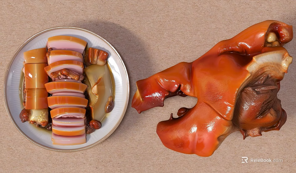 Traditional Braised Pork Dishes With Sliced Meat And Whole Orange Red Knuckle On Plate 3d model 