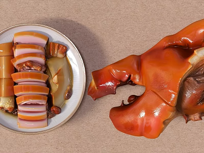 Traditional Braised Pork Dishes With Sliced Meat And Whole Orange Red Knuckle On Plate 3d model
