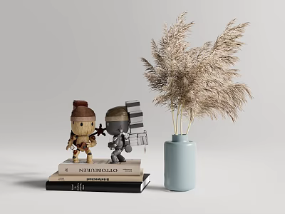 Decorative Light Blue Vase With Pampas Grass Flowers On Stack Of Books And Small Figurines 3d model