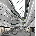 Modern Shopping Mall Atrium With Glass Ceiling Blue Sky Escalators And People Walking