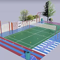 Outdoor Fitness Sports Court With Green Surface Red Borders And Workout Equipment