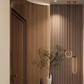Modern Foyer Hallway With Wooden Wall Marble Console And Pendant Lights