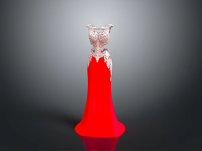 Man Designing Red Long Dress With Lace Decoration 3d model